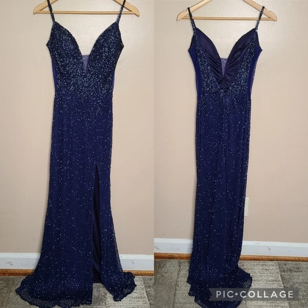 PromGirl Navy Fully Beaded Plunge Neckline Open Back Sleeveless Gown